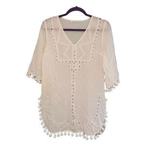 Solitaire Anthropologie Tunic Top Swim Cover Up White Cotton Knit V-Neck 3/4 Sle